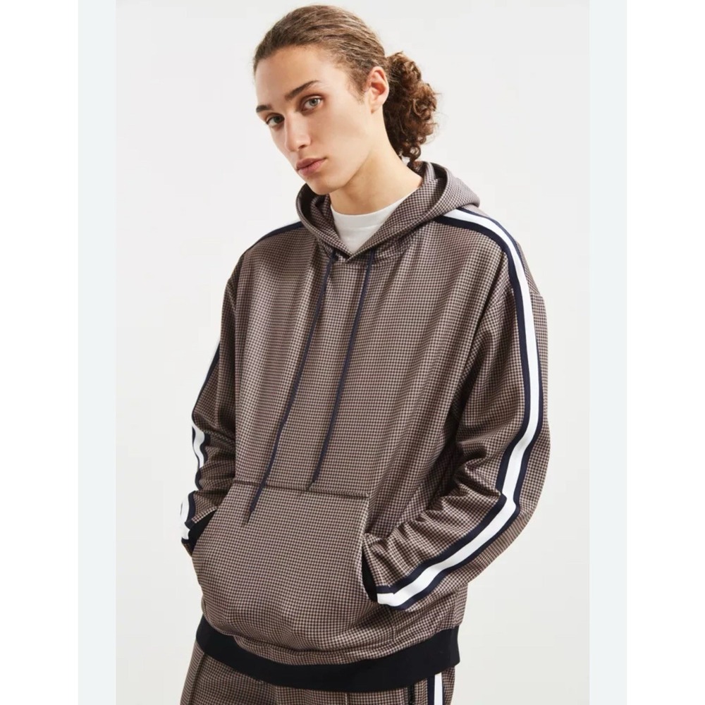 Urban Outfitters Hoodie Men's Small Gray Houndstooth Stripe Pullover Pocket